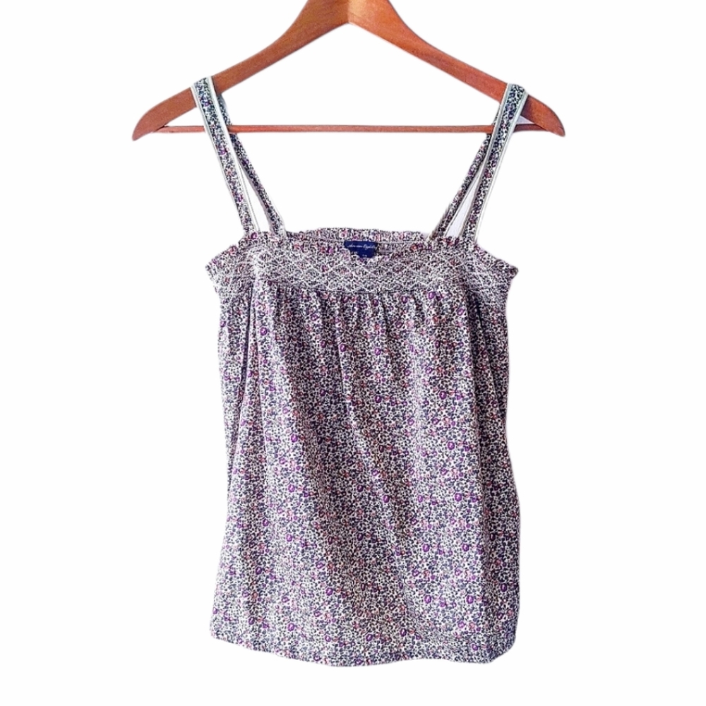 Floral Smocked Neck Spaghetti Strap Tank - Purple